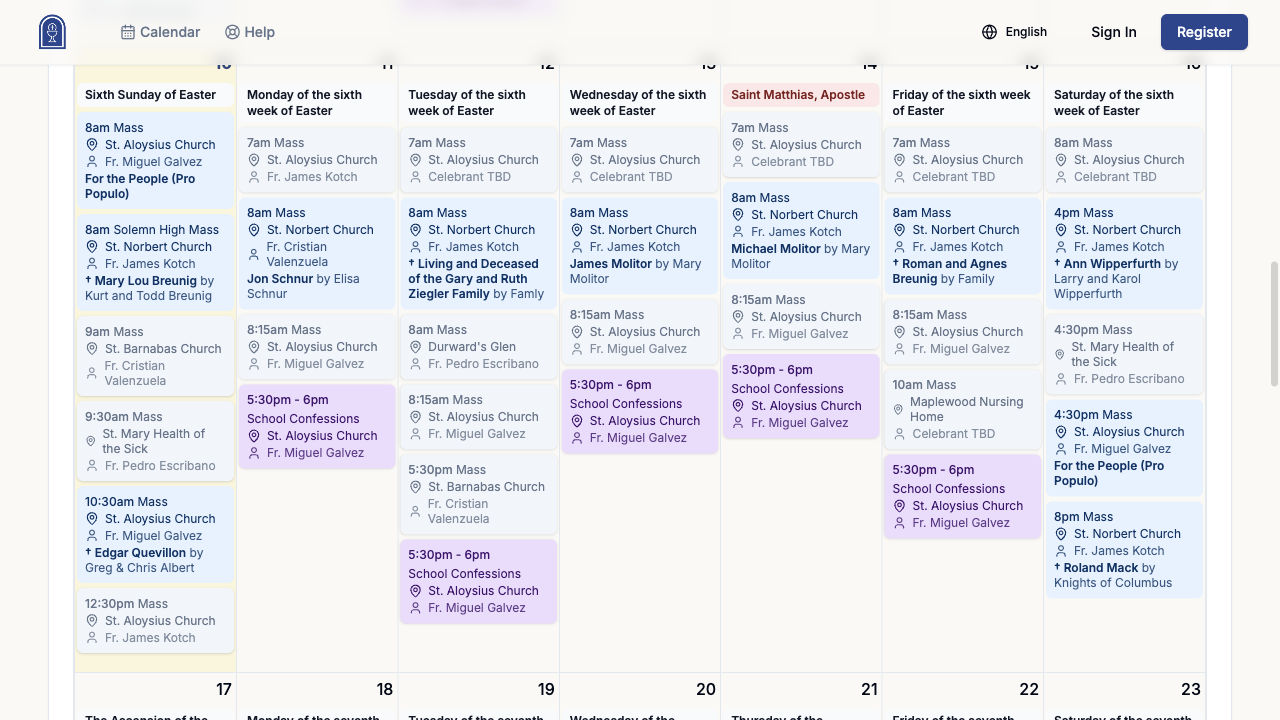 Public Mass and Confession calendar