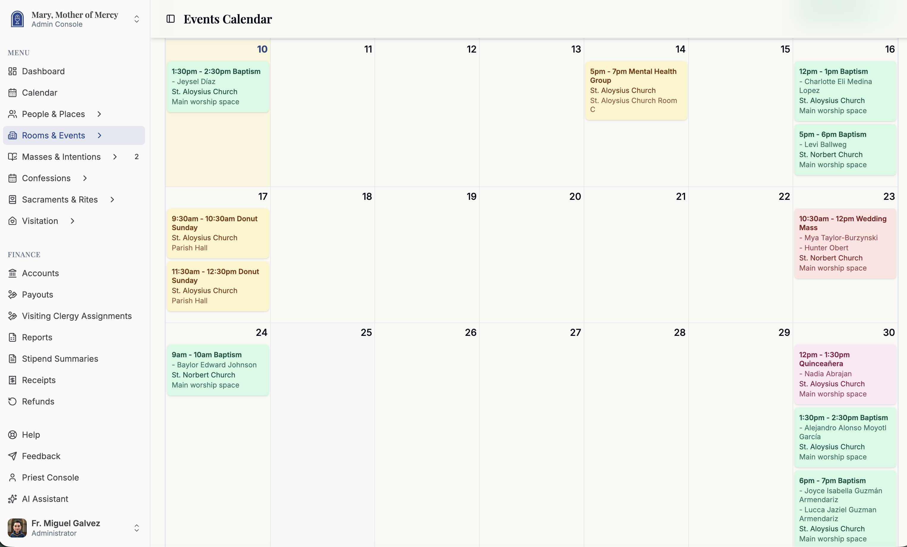 Sacramental events calendar
